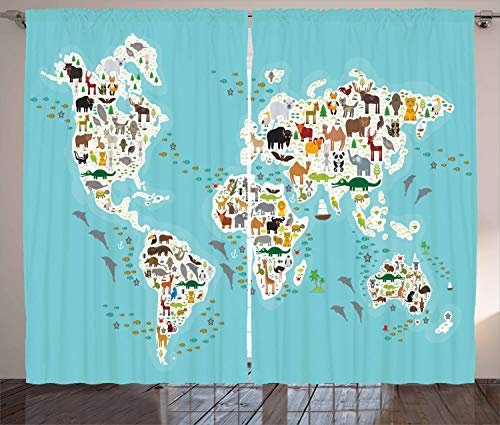 ABAKUHAUS Tierwelt Rustikaler Gardine, Weltkarte Lokales Tier, Schlafzimmer Kräuselband Vorhang mit Schlaufen und Haken, 280 x 175 cm, Mehrfarbig