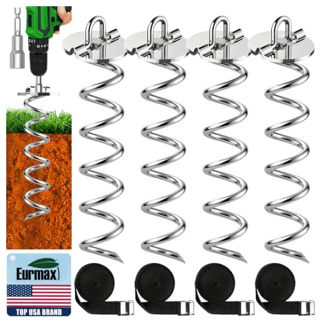 Eurmax Spiralpfähle, Robustes Anker-Set für Trampolin, Zelte, Planen, Vordächer, Auto-Ports, Hunde-Auslegergurte usw. Bonus-Spanngurte, 4-teiliges Set (Silber)