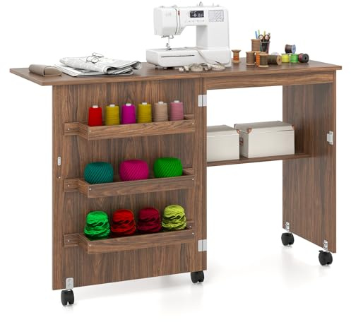 COSTWAY Mobile per Macchina da Cucire Pieghevole, Tavolo da Cucito con Ruote Bloccabili e Ripiani Portaoggetti, Tavolo per Macchina da Cucire Multiuso da Studio e Salotto (Marrone Scuro)
