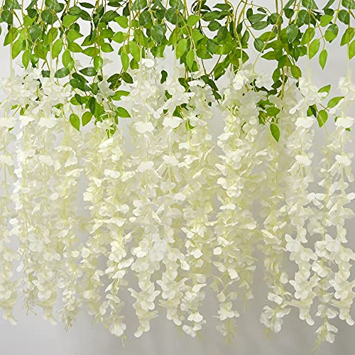 AIBAOBAO Konstgjorda blommor blåregn 12 st, falska blommor klättergirlang, hängande växter busksnöre blomma för bröllop, fest, ceremoni, hem, trädgård, utomhus, inomhusdekoration (vit)
