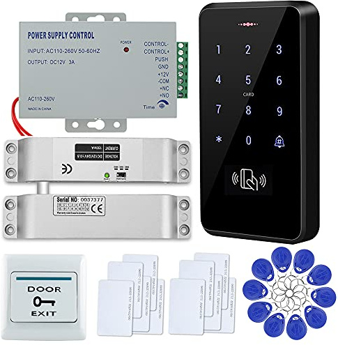 FTSTech IP68 Wasserdichtes RFID-Türzugangskontrollsystem Touchpanel Tastatur + Netzteil + elektrisches Schloss + Ausgangstaste + ID-Schlüsselanhänger Karten (Elektrisches Fallbolzen-Verriegelungsset)