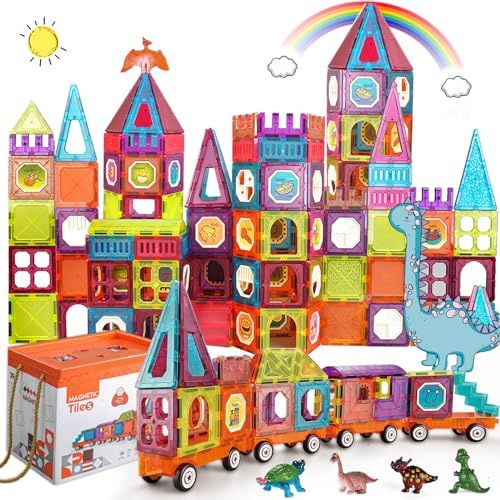 Magnetic Tiles Building Blocks with 4 Cars Magnet Train Set for Kids Construction STEM Toy Preschool Creativity Learning Toys Christmas Birthday Gift for Girls Boys Toddlers 3 4 5 6 7 8 Years Old