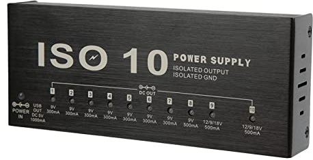 DC 12V Netzteile für Gitarrenpedale, Metall Pedal Board Netzteil, 10 Isolierte Ausgänge Multi Effekt Power mit 2 3,5mm Konver kabeln mit Einstellbarer Spannung Gitarren Pedal Netzteil (EU Plug)