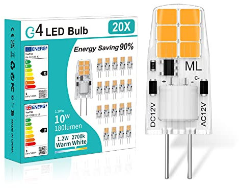 YzzYzz G4 LED Lampen, G4 Led Birne Warmweiß 2700K, G4 Glühbirne 180LM, 1,2W Ersatz für 10W Halogenlampen, G4 Leuchtmittel AC/DC 12V CRI> 85, Nicht Dimmbar Kein Flimmern, 20er Pack