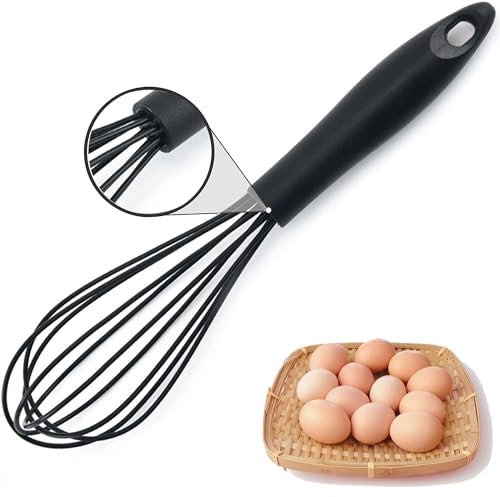 XFLYP Frusta da Cucina, Frusta a Mano Silicone, con Manico Robusto e Confortevole, Resistente al Calore e Antiaderente, per Pane, Torte, Salse, Uova e Altro Ancora (Nero)
