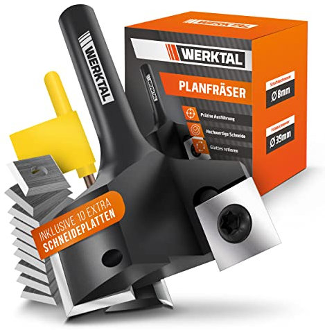 WERKTAL - Planfräser 8mm Schaft [39mm Durchmesser] - Präziser Hobelfräser mit 10 extra Wendeschneidplatten - Professioneller Planfräser für Oberfräse 8mm & CNC Fräse - Schaftfräser & Abrichtfräser