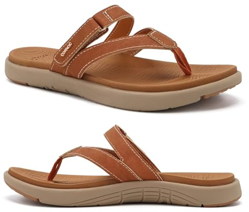 COFACE Flip Flops Damen Orthopädische Leder Stoff Leicht Zehentrenner Frauen Bequeme Plantarfasziitis Fussbett Breite Füße Badelatschen Sommer Strand Zehensandalen Rutschfest Gummi Sohle Tan 42