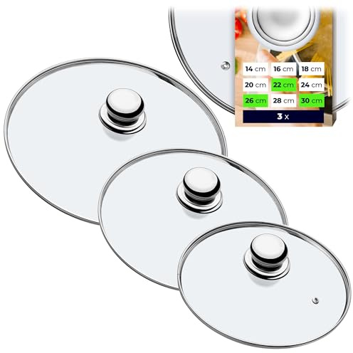 KADAX 3er Set Glas-Universaldeckel Ø22, Ø26, Ø30 cm, Metallgriff, hitzebeständig, für Töpfe und Pfannen, universell einsetzbar