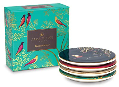 Sara Miller London Set mit 4 Keramik-Untersetzern, in Geschenkbox, 10 cm | Dekorative runde Untersetzer für Kaffeetassen, Teetassen und Gläser, Vogel- und Blumendesign, Tischoberflächenschutz, 10,2 cm