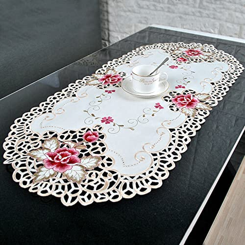 QOXEZY Weiße ovale bestickte Spitzen-Tischdecke, Vintage-Deckchen, florales Tischtuch für Date, Hochzeit, Party, Heimdekoration, französisches Landhaus-Thema