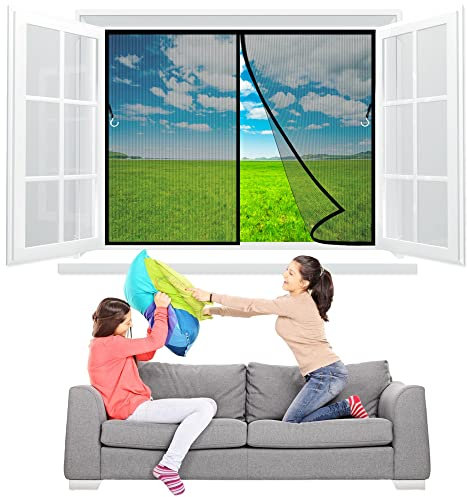 Magnet Fliegengitter Fenster 175x100 cm Insektenschutz Fenster Vorhang, Polyester Lamellenvorhang mit Klemmleiste Fliegenvorhang - Schwarz Z