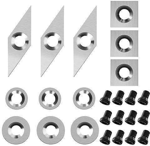 TBPA 24 Pieces Tungsten Carbide Cutters Inserts Set for Wood Lathe Turning Tools Included 11mm Square with Radius,12mm and 8.9mm Round, 30x10mm Sharp Point Diamond,12 Pieces screws