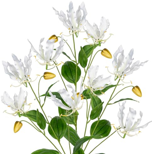 Briful 3PCS Kunstblumen Gloriosa Lily Künstliche Blumen Weiße Kletterlilie, Länge 84cm, Kunstzweige Frühlingsblumen Kunstpflanze für Blumengesteck Home Resto Büro Dekoration