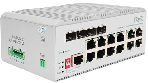 DIGITUS Commutateur réseau - 12 Ports Gigabit Ethernet - 8X RJ45 + 4X SFP/RJ45 Combo - L2 administrable - 10/100/1000 Mbit/s - Montage sur Rail DIN - série Industrielle - Blanc