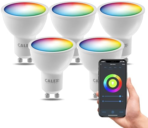 CALEX Lot de 5 Smart Ampoules LED GU10 RGB CCT WiFi, 345lm, 4,9W, Alexa/Google/Siri, 16M couleurs, blancs 2200-4000K, dimmable, musique, scénarios, sans pont, WiFi 2.4GHz