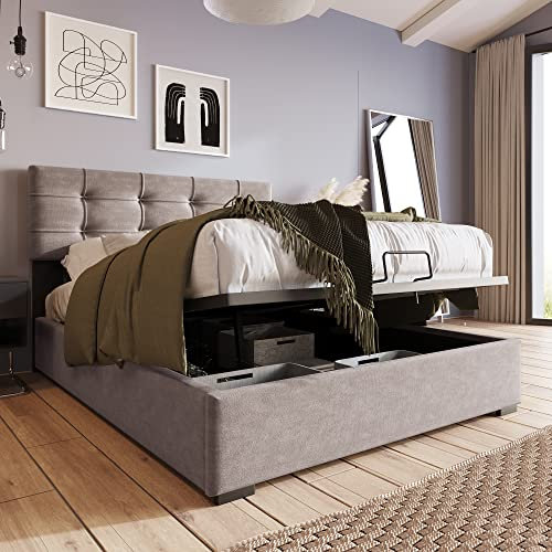 WIZBED Einzelbett 90x200cm, Hydraulisch Polsterbett mit Verstellbares Kopfteil, Stauraumbett Betten mit Lattenrost, Samt, Jugendbett Bettgestell mit Stauraum, Hellgrau,ohne Matratze