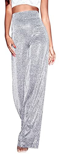 Damen Pailletten Hose Silber,Glitzer Hosen,Pailettenhose Schlaghose High Waist Outdoorhose Stretch Elastisch Freizeithose Weites Bein Glitzerhose Festlich Elegant Paillettenhose Karneval Kostüm