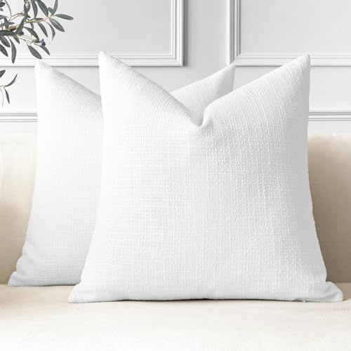 JOTOM 2er Set Leinen Kissenbezüge, Dekorative Weich Einfarbig Wurf Kissenbezug Moderne Kissenhüllen Sofakissen Dekokissen Zierkissenbezug für Wohnzimmer Schlafzimmer Deko (40x40cm, Weiß)