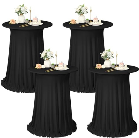 4er-Set schwarzer Stehtisch Hussen Stretch mit Rock, 80 x 110 cm,schmutzabweisend, knitterfrei, waschbar, runder Stretch-Cocktail-Tischrock aus Polyester für Hochzeiten, Partys,Restaurants,Bankette