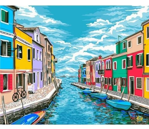 Malerisches Boot in Venedig -Malen nach Zahlen für Erwachsene,DIY Handgemalt Leinwand Ölgemälde-Set mit Pinseln und Acryl Pigment für Kinder Anfänger Kunst Heimdekoration Geschenk mit Rahmen,45x60cm