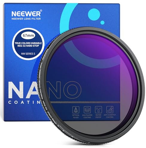 NEEWER 67mm Filtro ND Variabile True Color Hard Stop Filtro a Densità Neutra Limitata ND2-32 (1-5 Stop), Vetro Ottico HD Multistrato,No Croce X,Telaio in Alluminio,Anti Acqua/Graffio/Impronte Digitali