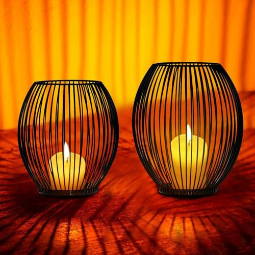 Lot de 2 Bougeoirs en Métal Noir Mat – Porte-Bougies Pilier Style Vintage, Décoration de Table pour Salon, Chambre, Salle de Bain, Mariage, Noël et Fêtes