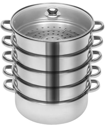 Pentola a vapore in acciaio inox, pentola a vapore multifunzione a 5 livelli, 4 griglie per cottura a vapore e 1 pentola grande inferiore, corpo in acciaio inossidabile 304 per uso alimentare e