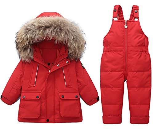 Enfant Combinaison de Ski avec Veste de Duvet, Pantalons de Ski et Doudoune à Capuche pour Enfants 2 Pièces Bébé Fille Garçon Veste Blouson Manches Longues Hiver Ensemble de Ski 1-5 Ans