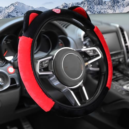 Flaconi Auto Lenkradbezug Plüsch,Housse de Volant en Peluche,Housse Volant Voiture,Couverture de Volant de Voiture,Couverture de Volant,Convient aux Voitures,Camions,SUV (Noir Rouge)