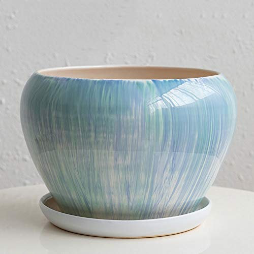 Pot de fleurs rond en céramique vert extra large de style chinois avec soucoupe pour cactus et orchidée, pot émaillé en terre cuite avec plateau d'égouttement, décoration de bureau (taille : L)