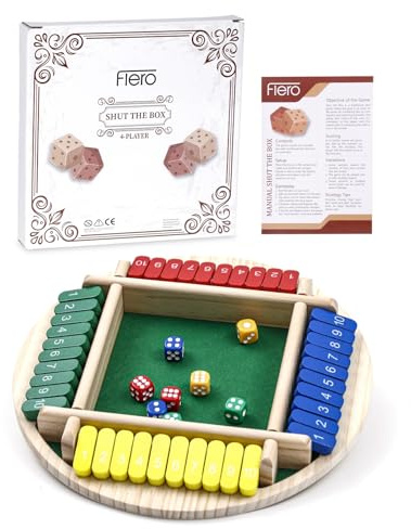 Flero Shut The Box tärningsspel för 4 spelare, taktik och matematik – rund (flerfärgad)
