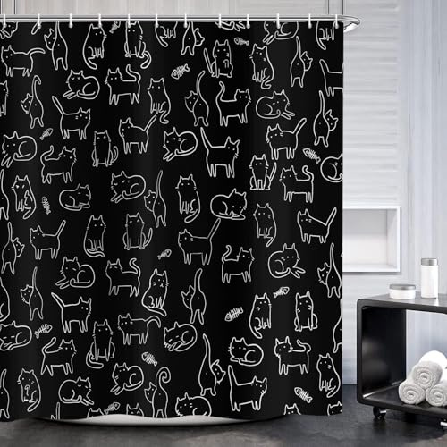 ASDCXZ Lustig Katze Duschvorhang 120x200 cm, Niedlich Cartoon Haustier Weiß Kätzchen Kinder Tier Schwarz Wasserdicht Badvorhang Polyester Textil Waschbar Duschvorhänge für Badewanne mit 8 Haken