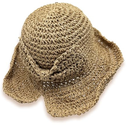 FUIPVGI Cappello Parasole di Paglia con Nodo a Fiocco, Cappello da Sole Donna Floscio, Pieghevol, Cappello Tesa Larga da Sole Estate, per l’Estate Viaggio e la Spiaggia Vacanze (Cachi)