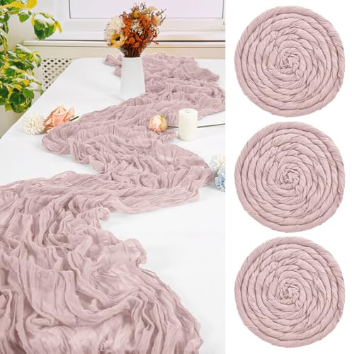 FXKS 3 Stück Staubiges Rosa Tischläufer,55 x 300 cm Cheesecloth Tischläufer | Rustikaler Gaze Stoff Boho Tischläufer Käsetuch Hochzeit Tischdecke für Hochzeit Brautparty Bankett Dekoration