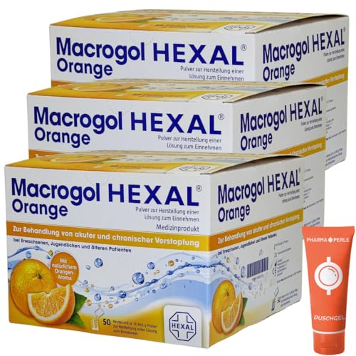 Macrogol Orange 3x 50 Beutel I lösliches Pulver bei Verdauungsträgheit mit Orangengeschmack I ab 12 Jahren I Unterstützung der Darmfunktion I Spar-Set plus Pharma Perle give-away