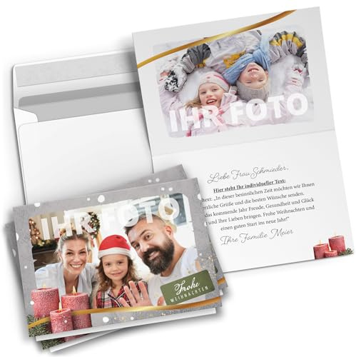 Weihnachtskarten mit Umschlag 20 Stück | personalisiert mit Text & Foto | Weihnachtskarte selbst gestalten | Premium Grußkarten Set Weihnachten | Vintage Modern – Motiv: Kerzen