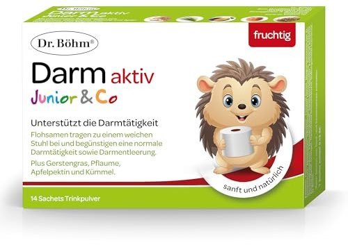 Dr Böhm Darm Aktiv Junior - Ballaststoffe für Verdauung, 14 Stk | Flohsamenschalen, Ballaststoff Mix mit Gerstengras, Apfel, Pflaume und Yaconwurzel, vegan, glutenfrei, ab 4 Jahren
