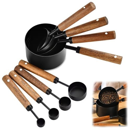 Measuring Cups and Spoons Set of 8, Wooden Handle Stainless Steel Spoons | with Metric and US Measurements, Cup/Tsp and ml, Measuring Cups for Cooking and Baking