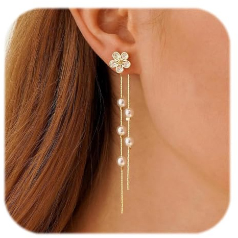 Boucles d'oreilles Femme Or en Perles Fleurs, Longues Boucles d'oreilles Pendantes Enfilées CZ, Hypoallergiques Délicates Boucles d'oreilles à Perles et Chaîne, Cadeaux de Bijoux pour Femme