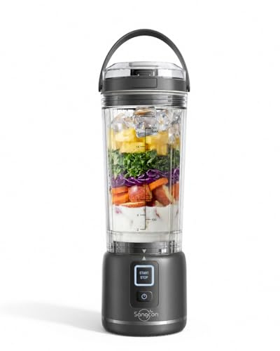 Sangcon Portable Smoothies Blender,500ml Personal Blender USB Rechargeable,Wireless Mini Blender,2 Blending Modes 6-blade knife,Makes Smoothies, Protein Shakes, Blends Ice & Frozen Fruit（Black）