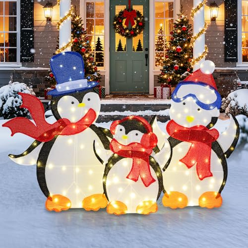 COSTWAY 3 teilige LED Pinguin Familie, beleuchtete Weihnachtsdeko mit 160 warmweißen LED-Lichtern & Schals, Weihnachtsfiguren XXL Outdoor, Weihnachtsbeleuchtung, Weihnachtsdekoration für Außen & Innen
