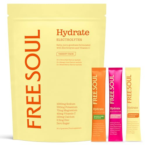 Free Soul Hydrate | Electrolyte Hydration Sachets with Sodium, Magnesium, Vitamin C, & More | Zero Sugar, Advanced Electrolyte Powder for Daily Use | Variety Pack | 30 Sachets
