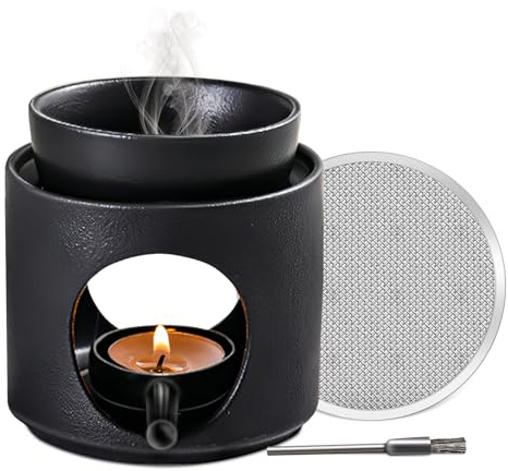 Solinorex Teelicht Duftlampe Schwarz, Keramik Duftöl Lampe 2 in 1, Räucherstövchen mit Seib und Abnehmbare Schale, Duftstövchen, Aromalampe für Ätherische Öle für Duftwachs und Duftöl, Matt Schwarz
