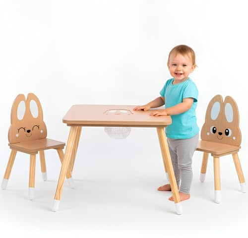mamabrum Tavolo per bambini con deposito – Set in legno con 2 sedie Orecchie di coniglio – 67 x 67 cm – Apprendimento e giochi dai 3 anni