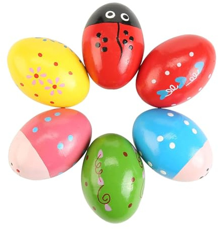 LeeQinersw 6 Piezas Huevo Shaker, Huevos de Pascua Maracas, Instrumento de Percusión Madera, Maracas Manuales Educativo Suave Adecuado para Regalos Infantiles Fiestas Aula Pascua Navidad