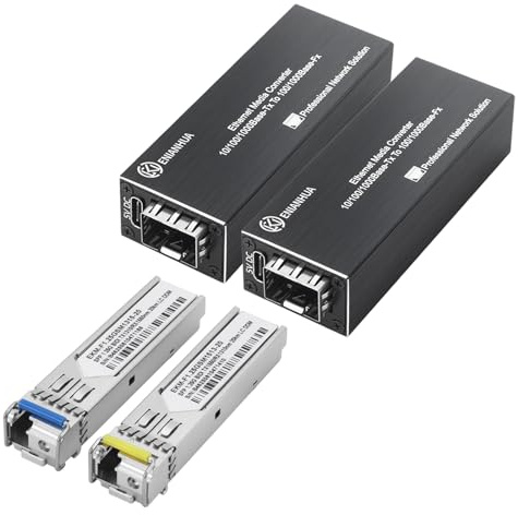 ENIANHUA Une paire de convertisseurs de médias Gigabit à fibre optique monomode LC avec 2 modules SFP BiDi pré-appariés 1,25 G, 1550 nm TX/1310 nm RX, 10/100/1000Base-T RJ45 vers 1000Base-BX LC, SMF