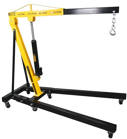 2 Ton Hydraulic Folding Engine Crane RocwooD Hoist Lift Stand 2000kg Garage Floor Stand Lift Jack for Garage Car Lifting Tools Caster Wheels Black/Yellow