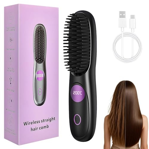 Tragbarer Stylingbürste, Stylingbürste für Kurze Haare, Glättbürste Kabellos mit 3 Temperaturen Verstellbar, Haarbürste Elektrisch USB-Aufladbar, für Frauen Männer