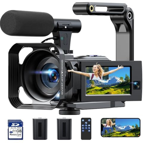 FIREFOTO Caméra Vidéo 5K Caméscope, 56MP WiFi Vision Nocturne IR Double Objectif, 16X Youtube Vlog Caméra, 3 270° Video Camera avec 2 Batteries, Carte 64 Go, Microphone, Trépied