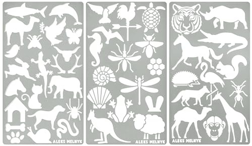 Aleks Melnyk #43 Schablonen, Metall Stencils Vorlagen for Painting, Tiere, 3 Stück, DIY Kunst Projekte, Stencils für Scrapbooking und Zeichnen, Brandmalerei Schablonen, Basteln, Bullet Journaling